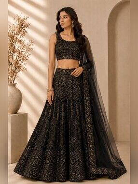 Black Fishtail Inspired Flare Embroidered Lehenga Set